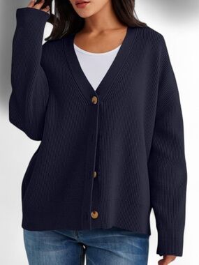 Women's Navy V-Neck Button Cardigan Sweater